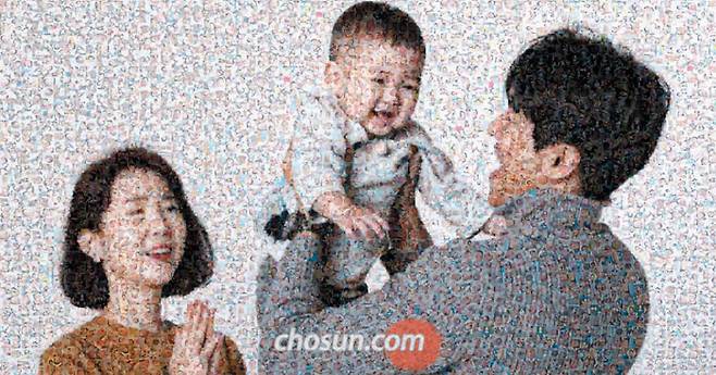 “내 인생 가장 잘한 일은 너를 낳은 것”… 아이가 행복입니다 - 지난 10일 직장인 황규환·이지은씨 부부가 아들 민하군을 껴안고 활짝 웃고 있다. 올 한 해 본지는 ‘우리 아기가 태어났어요’ 코너에 새로 태어난 아기 사진과 아기에게 가족이 보내는 메시지를 연재해왔다. 여기 동참한 780여 가족에게 감사하는 마음으로 정초부터 지난 20일까지 본지에 실린 아기 사진을 모두 모아 조각보처럼 이어붙였다. ‘아이가 행복입니다’ 기획은 새해에도 계속된다. /남강호 기자