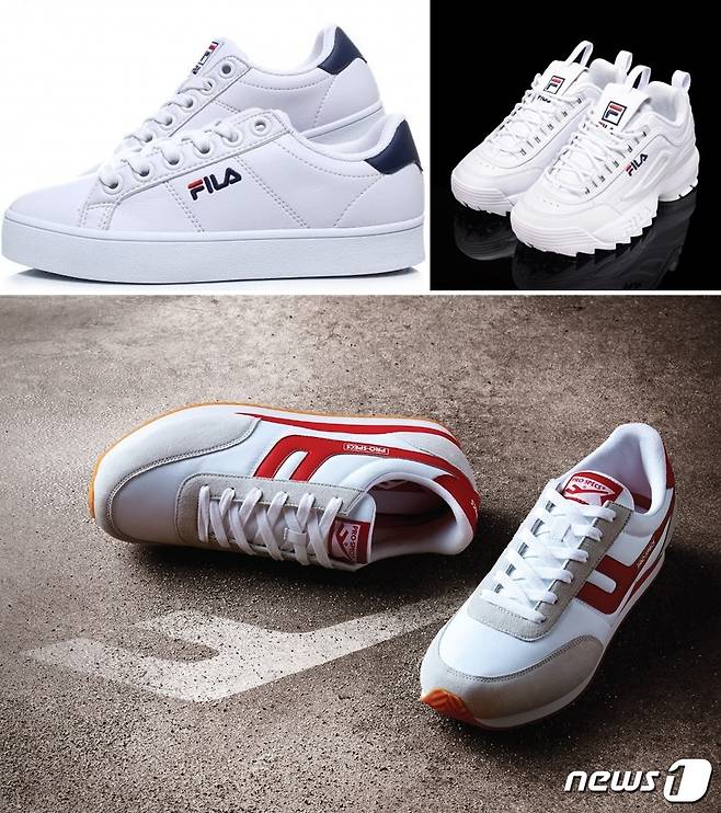 위 왼쪽부터 시계방향으로 휠라 '코트디럭스'(왼쪽) '디스럽터2''  프로스펙스 '오리지널 T'© News1