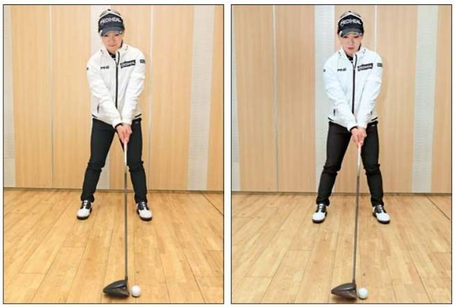 이다연의 장타 비결 중 하나는 가파른 스윙이다. 일반적으로 ‘쓸어친다’는 느낌으로 휘두르는 드라이버를 이다연은 아이언처럼 찍어치려 한다. 클럽 페이스가 닫히는 현상은 공의 위치를 오른발 쪽으로 옮겨 보완한다. 왼쪽은 일반적인 셋업, 오른쪽은 이다연의 셋업 자세다. /조희찬 기자