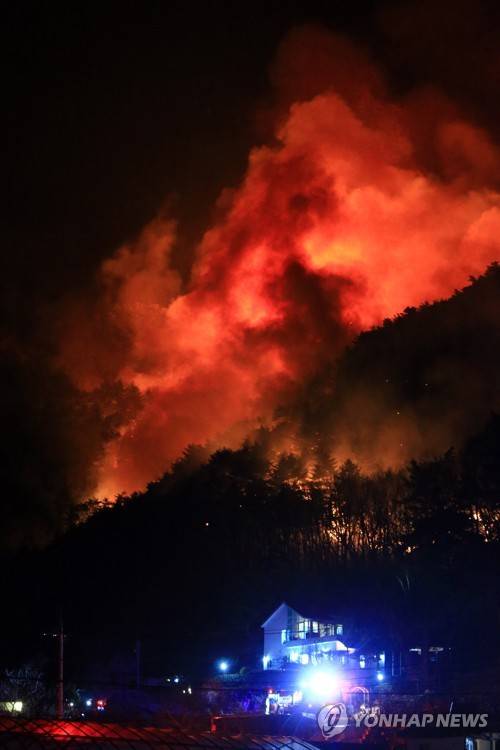 번지는 양양 산불 (양양=연합뉴스) 이종건 기자 = 1일 오후 4시 12분께 강원 양양군 서면 송천리 한 야산에서 난 불이 밤늦게까지 꺼지지 않은 채 마을 주변으로 번지고 있다. 2019.1.1 momo@yna.co.kr