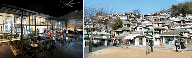 왼쪽 사진은 양곡 창고를 개조해 만든 조곡동의 커피숍 브루웍스 내부. 오른쪽은 1980년대쯤의 서울 변두리 달동네 풍경을 감쪽같이 옮겨다 놓은 순천드라마세트장.
