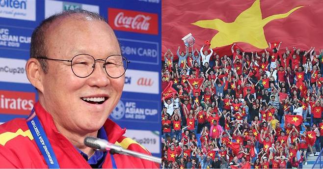 박항서(왼쪽) 감독이 이끄는 베트남 축구대표팀이 20일 아랍에미리트(UAE) 두바이 알막툼 스타디움에서 열린 2019 아시아축구연맹(AFC) 아시안컵 16강전 요르단과 경기에서 승부차기 끝에 8강 진출에 성공했다. 오른쪽은 기뻐하는 베트남 원정팬들. 2019.1.20 뉴스1·EAP 연합뉴스