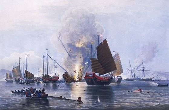 제1차 아편전쟁(1839~42)이 한창이던 1841년 1월 7일, 동인도회사가 만든 철제 증기선 네메시스호(그림 오른쪽)가 청나라 범선 15척을 궤멸시키고 있다. 청나라는 이 전쟁에 패해 홍콩 할양 등을 골자로 하는 난징조약을 체결했다. [사진 글항아리]