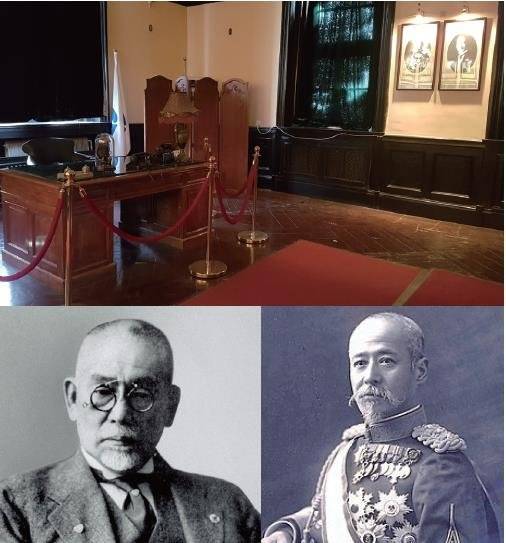 중국이 복원한 다롄시 만철 본부의 총재실(다롄 만철 진열관 내부), 아래는 만철 초대 총재 고토 신페이(왼쪽)와 일본육군 참모총장 고다마 겐타로. 사진·박보균 대기자, 중앙포토