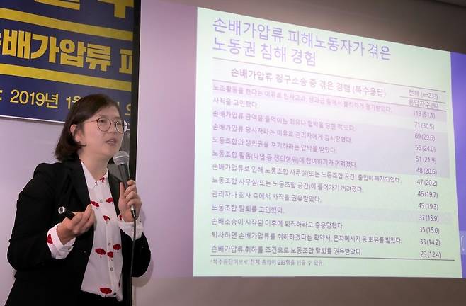 손배가압류 피해노동자 236명 첫 실태조사결과 발표회가 24일 오후 서울 중구 국가인권위원회에서 열려, 박주영 박사가 노동권 침해와 건강실태 조사 주요결과를 발표하고 있다. 강창광 기자 chang@hani.co.kr