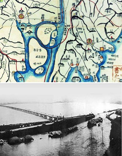 조선말 낙동강 하구 지도. 가운데 큰 섬과 작은 섬 등이 지금의 김해공항 활주로다(위 사진). 일제강점기 낙동강 대홍수로 제방이 붕괴된 모습. 구포다리가 보인다.