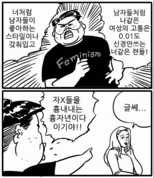 온라인 커뮤니티와 블로그 등에 나도는 만화에서 탈코르셋을 풍자하는 장면. 네이버 블로그 캡처