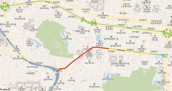 서울 관악구 쑥고개로의 미세먼지 오염 지도. 붉은색으로 표시된 부분이 미세먼지 농도가 '매우나쁨(201㎍/㎥ 이상)'을 초과한 도로다. [한국환경공단 제공]