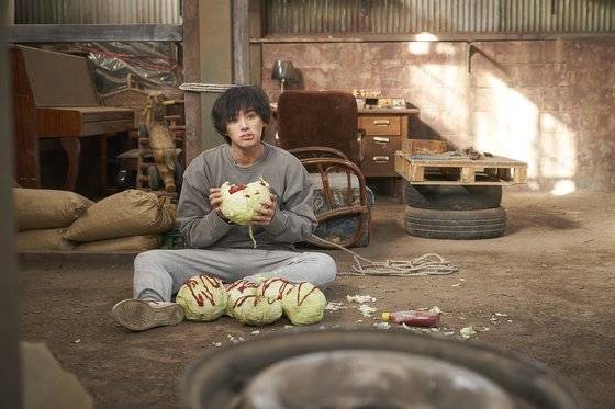 양배추 먹는 채식 좀비(정가람)가 나오는 새 영화 ‘기묘한 가족’. [사진 각 영화사]