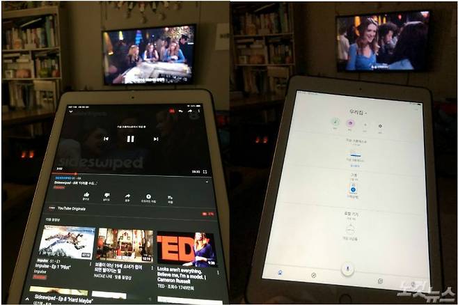 유튜브 앱에서 미디어 상단에 위치한 캐스트 버튼을 눌러 TV로 송출하는 모습과 구글 홈 앱에서 크롬캐스트 구동 모습을 확인하는 화면.