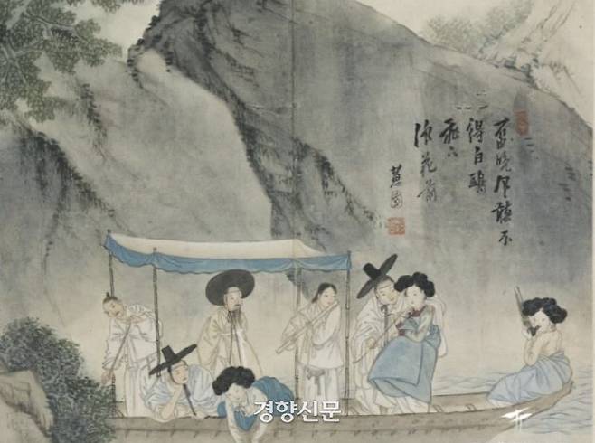 혜원 신윤복의 풍속도 ‘주유청강’. 양반들이 기생들을 불러 뱃놀이를 즐기는 모습이다.|간송미술관 제공