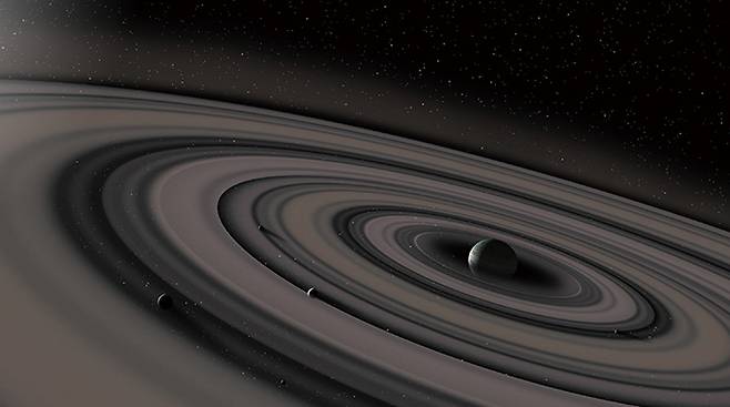 고리를 가진 행성은 우주 어디에나 존재할 수 있다. 지구에서 센타우르스자리 방향으로 434광년 떨어져 있는 외계행성 ‘J1407b’는 반지름이 약 9000만km에 이르는 거대한 고리를 갖고 있을 것으로 추정된다. 그림은 J1407b 상상도다. Ron Miller