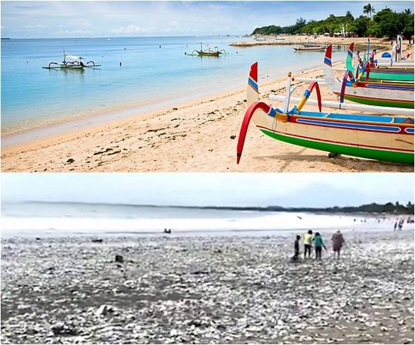 지난해 연말 꾸따 비치(위)의 모습과 지난주 꾸따 비치(아래)의 모습