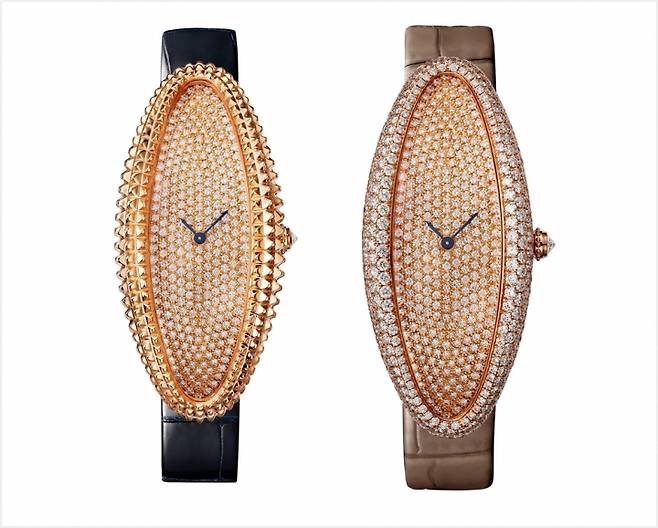사진 : CARTIER, 베누아 알롱제 워치 (좌) Extra Large 모델 - 핑크 골드, 브릴리언트 컷 다이아몬드가 세팅된 다이얼, 다크 블루 앨리게이터 가죽 스트랩, 1917 MC 매뉴얼 무브먼트, 고유번호가 부여된 100피스 리미티드 에디션. (우) Extra Large 모델 - 핑크 골드, 브릴리언트 컷 다이아몬드가 세팅된 케이스 및 다이얼, 토프 앨리게이터 가죽 스트랩, 1917 MC 매뉴얼 무브먼트. © Cartier