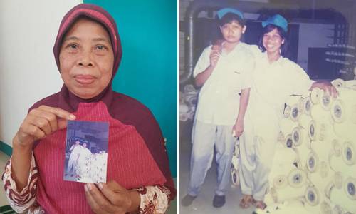 아툰(오른쪽)씨가 1991년 여름 우리나라 경남 양산 제일 아스베스트에서 찍은 사진. 아툰씨 오른쪽에 실뭉치처럼 보이는 것이 석면이다.