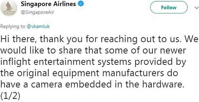 싱가포르항공이 SNS를 통해 몰카를 주장한 승객에게 보낸 메시지