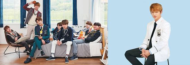 월드 스타로 뜨기 전인 2016년 스마트학생복 모델 계약을 한 BTS(방탄소년단·왼쪽)와 2018년 아이비클럽 모델로 활동한 강다니엘. / 스마트에프앤디·아이비클럽 홈페이지