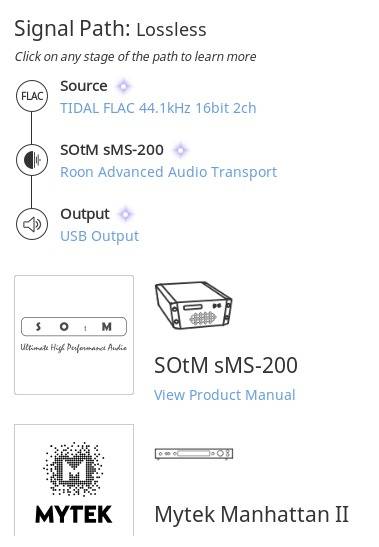 타이달 음원을 들을 때의 흐름도. 소스(서버), 렌더러(솜 sMS-200), 플레이어(마이텍 Manhattan II DAC) 순서다.