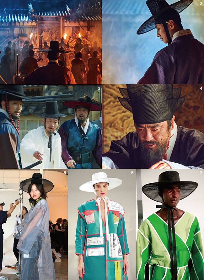 드라마 ‘킹덤(사진1~4)’에 등장한 ‘갓’이 해외에서 뜻밖의 한류 열풍을 일으키고 있다. 조선 시대를 배경으로 한 킹덤에는 갓, 정자관, 사모 등 다양한 모자가 등장한다. 1부가 공개되자마자 해외 시청자들은 한국의 전통 모자에 많은 관심을 드러냈다. 미국에서 활동하는 한국 디자이너들은 이미 전통문화의 가능성을 간파하고 갓과 한복 등에서 영감을 받은 패션(사진5~7)을 선보이고 있다. 사진 넷플릭스·선데스쿨 페이스북·최지원