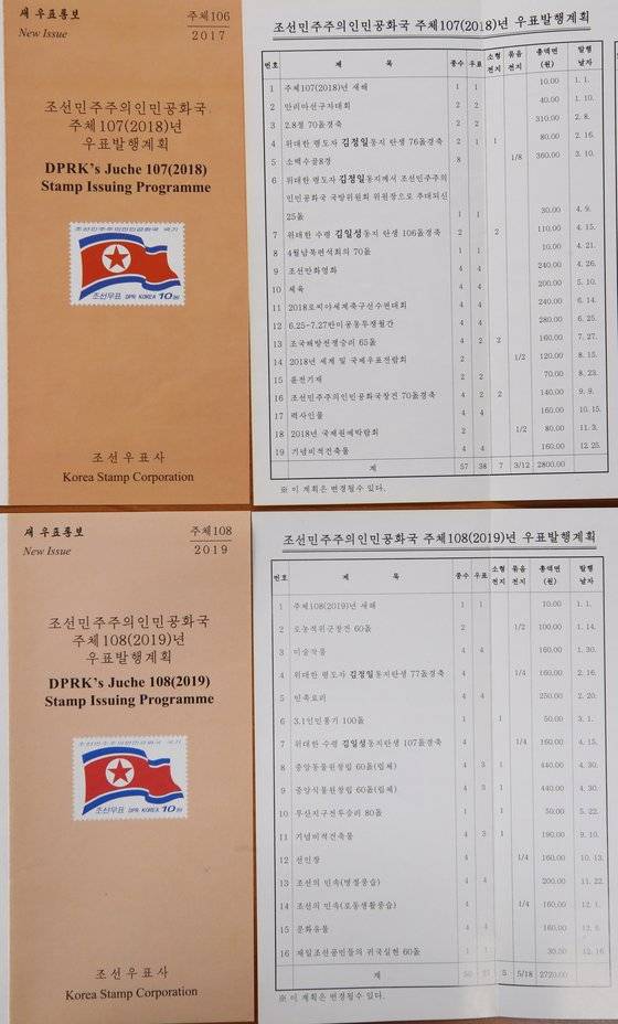 민족화해협력범국민협의회(민화협) 체육위원인 이상현 태인 대표이사가 25일 오후 서울 민화협 회의실에서 공개한 2018년과 2019년(아래)의 북한의 공식 우표발행계획서 원본. [연합뉴스]