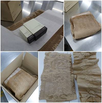 아모레퍼시픽 배송 상품 포장 과정. 오른쪽 아래 사진은 충전재로 쓰이는 지류 '지아미'와 '파피용'을 펴놓은 모습. [아모레퍼시픽 제공]