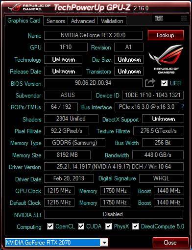 GPU-Z로 확인한 지포스 RTX2070의 정보