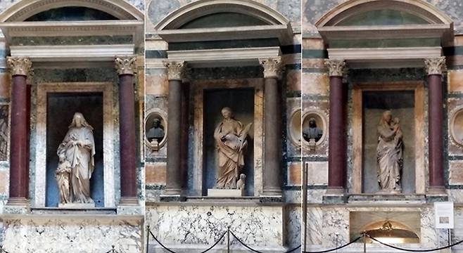 판테온 내부의 벽감에 설치된 예술품들. 오른쪽 세 번째 벽감에 있는 일 로렌초네의 조각, '성녀 안나와 축복받은 성모'(좌). 왼쪽 두 번째 벽감에 있는 빈첸초 펠리치(Vincenzo Felici)의 조각 '성녀 아녜스'(중). 왼쪽 세 번째 벽감은 라파엘로의 묘지다(우).