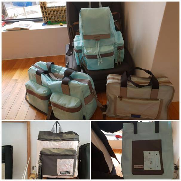 에어백으로 만든 가방들. 자세히 보면 자동차 브랜드와 고유넘버가 그대로 찍혀있는 걸 알 수 있다. 윤태석 기자