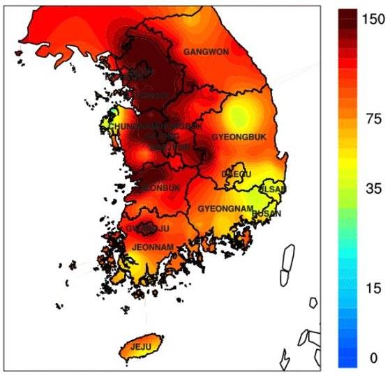 5일 오전 10시 기준 초미세먼지 농도 분포. 전국 대부분의 지역이 붉게 표시돼 있다. [한국환경공단 에어코리아 제공]