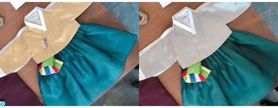 노방 소재 하엽색 치마에 금색과 회색 양단 소재 저고리를 조합해 봤다. 소재가 달라도 잘 어울린다. 자신만의 컬러 조합을 찾는 재미가 있다. [사진 호호당]