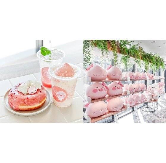 도쿄 오모테산도 어피치 카페에서 파는 디저트와 음료, 캐릭터 제품들. 일본인 20대 여성 취향에 맞춰 한국보다 연한 분홍색을 강조색을 강조했다고 한다. [사진 카카오IX]