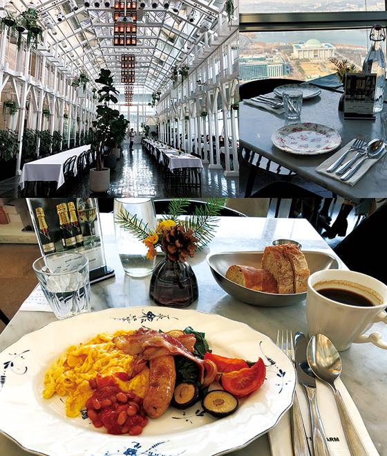 전경련회관 50층 꼭대기의 유리 온실 브런치 카페, 세상의모든아침, 국회의사당과 한강이 한눈에 내려다보이는 전망, 브런치 카페답게 신선한 재료로 만들어 예쁘게 담아낸 잉글리시 브랙퍼스트