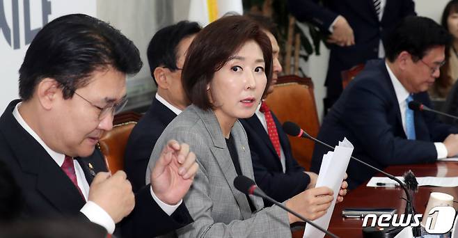 나경원 자유한국당 원내대표가 27일 서울 여의도 국회에서 열린 원내대표·중진의원 회의에서 모두발언을 하고 있다. 2019.3.27/뉴스1 © News1 김명섭 기자