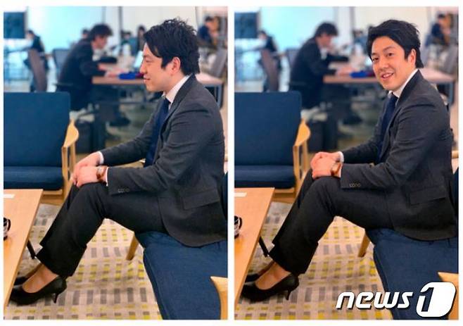 일본 정보기술(IT) 기업 벨페이스의 남성 직원 니시지마 유조(西島悠蔵·31)가 8㎝짜리 굽이 달린 여성 펌프스를 신고 있다. <출처=아사히신문> © 뉴스1