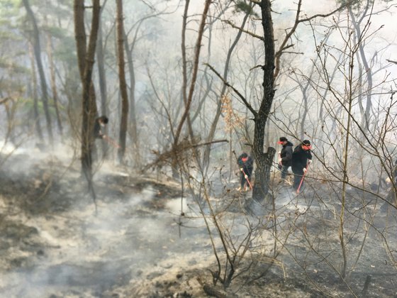 지난 28일 산림 당국이 경북 구미시 고아읍 왕산골 뒷산에서 발생한 산불을 14시간여 만에 진화하고 잔불을 정리하고 있다. [연합뉴스]