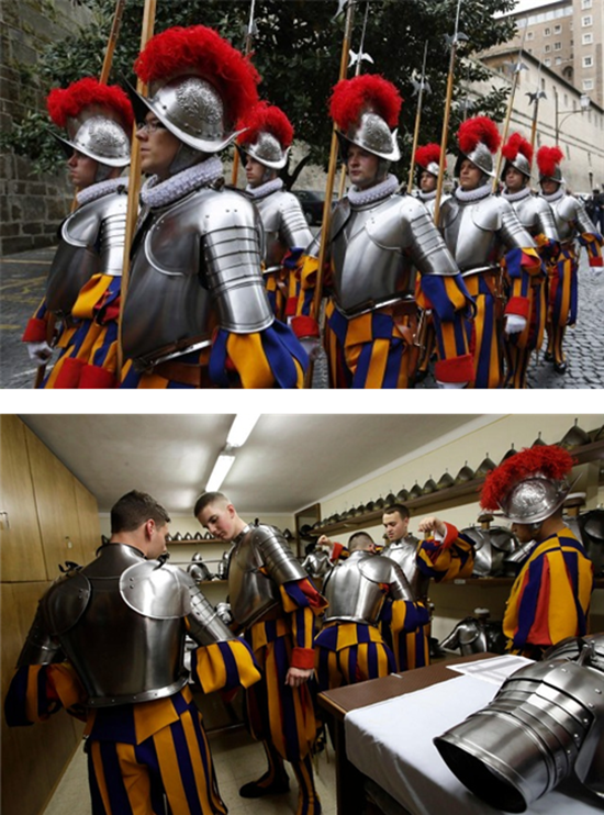 중세시대 갑옷으로 무장한 채 행진하는 모습(상), 막사에서 갑옷을 입는 모습(하). /출처= ⓒthecatholicuniverse.com