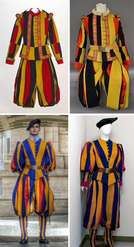 상단 두 사진은 1914년까지의 란츠크네히트이며, 하단 두 사진은 이후 현재까지의 그것으로 디자인이 다르다. 컬러는 소위 `메디치 컬러(Medici colours)`라고도 하는 밝은 청, 황, 적색이다. /출처= ⓒpapalartifacts.com