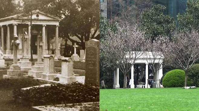 1950년대 상하이 재개발로 찡안쓰 만국공묘(좌)가 찡안 공원(우)으로 바뀌었다