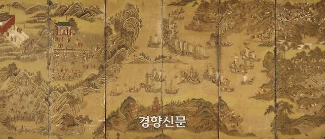 정유재란을 명(중국)의 시각에서 그린 ‘정왜기공도’(征倭紀功圖·가로 9m, 세로 4m). 왜를 정벌한 공을 기념한 그림이다. 정유재란(1597~1598) 마지막 3개월간 육·해상에서의 전투장면을 당시 명군을 따라왔던 화가가 폭 30cm, 길이 6.5m의 두루마리에 그렸다. |국립진주박물관 제공