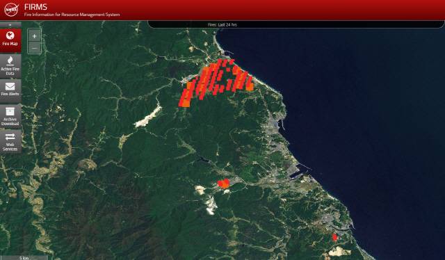 강원도 속초지역 위성이미지 / FIRMS NASA