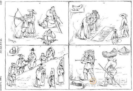 김홍도 풍속도첩의 주요 장면을 그린 한진우 모사본을 따라서 챈들이 그린 삽화.