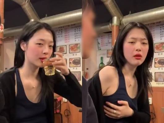 지난 8일 밤 진행된 설리 인스타그램 라이브 방송 장면. '노브라에 당당할 수 있는 이유가 뭐냐'는 누리꾼의 질문에 설리가 자신의 가슴을 움켜쥐고 있다.(오른쪽)/사진=유튜브