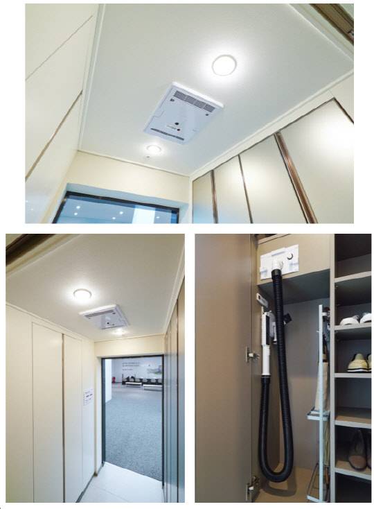 힐스테이트 북위례 견본주택에 설치된 에어샤워 시스템의 실물 모습. 사진(위), 사진(좌측 하단)은 현관 천장에 설치돼 바람으로 미세먼지를 털어내고 흡입하는 에어샤워설비이며 우측 하단은 현관 신발장 내부에 설치되어 옷, 신발등에 흡착된 미세먼지를 제거하는 에어브러쉬다. <현대엔지니어링 제공>
