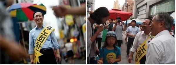 ▲ 7월 보궐선거에 출마한 노회찬 의원. (왼쪽 사진은 ⓒ 이상엽, 오른쪽 사진은 ⓒ 노회찬재단)