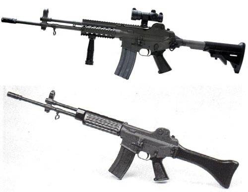 K2 소총(아래)의 개머리판과 총열을 교체한 K2C1(위). 전방 손잡이도 달렸다.