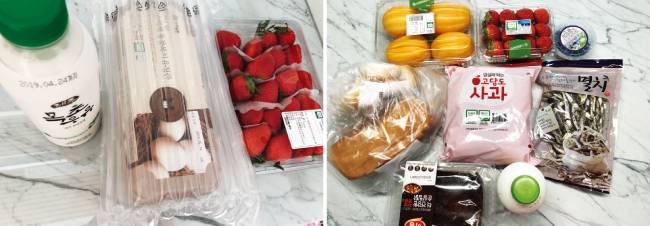 두 새벽배송업체 모두 제품의 질은 양호했다. 그러나 같은 품목을 골라도 가격 차이가 상당하다. [마켓컬리(왼쪽), 오아시스마켓]