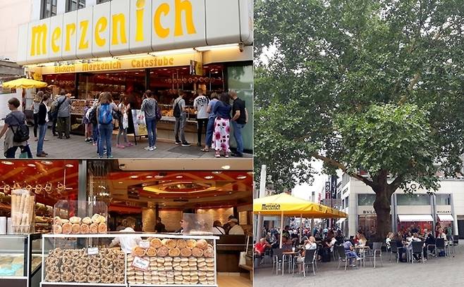 메르체니히 빵집을 찾는 사람들이 줄을 잇고 있다(좌상). 맛있어 보이는 빵이 손님을 부르는 듯하다(좌하). 빵집 앞에는 커다란 나무가 그들을 만들고 있다(우).