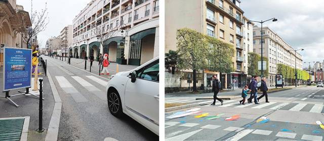 지난달 19일 프랑스 파리 외곽 퓌토시 장조레스초등학교 앞에 설치된 3D 횡단보도(왼쪽 사진). 시범 설치 초창기 횡단보도  앞에서 차량 속도가 줄어드는 교통사고 예방 효과를 냈다. 프랑스 북서부 도시 렌(오른쪽 사진)에서는 횡단보도 정지선과 횡단보도  사이에 여러 그림을 그려 운전자들의 속도를 미리 줄이게 하는 실험이 진행되고 있다. 퓌토=동정민 특파원  ditto@donga.com / 렌 시청 트위터 캡처
