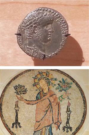 월계관을 쓴 네로 황제 주화(위)와 장미 화관을 쓴 예수 그리스도 모자이크(아래).