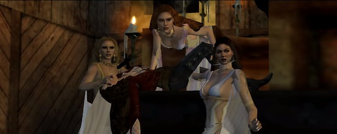 (한 여인의 피를 빨다가 돌아보는 미모의 드라큘라들)